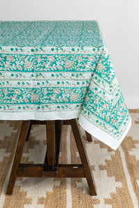 Block Print Floral Tablecloth in Teal Treasures