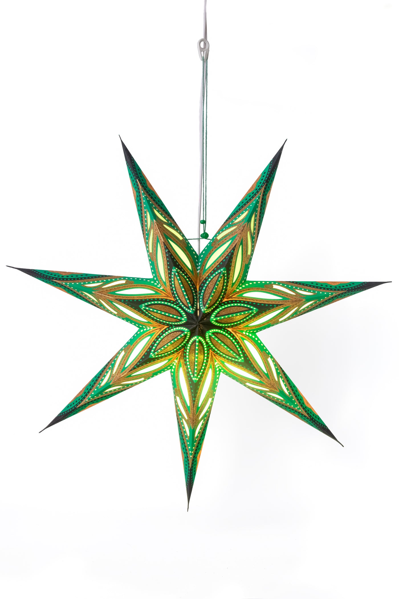 Green 7-point paper star lantern in neuro - green glitter