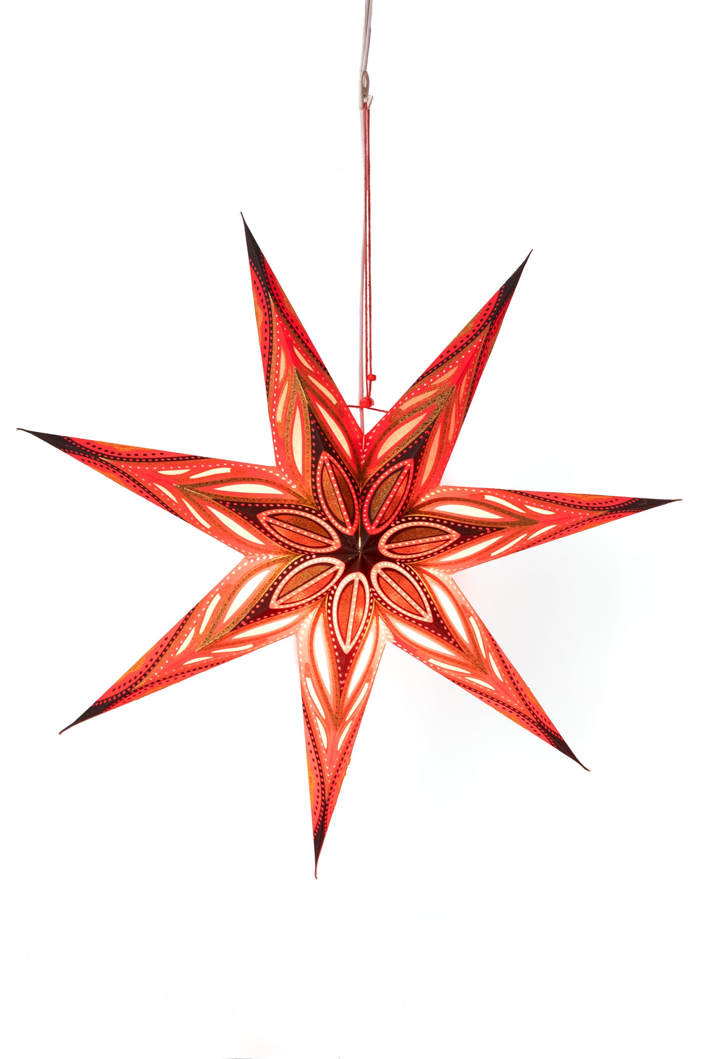 Red 7-point paper star lantern in nuero - red glitter