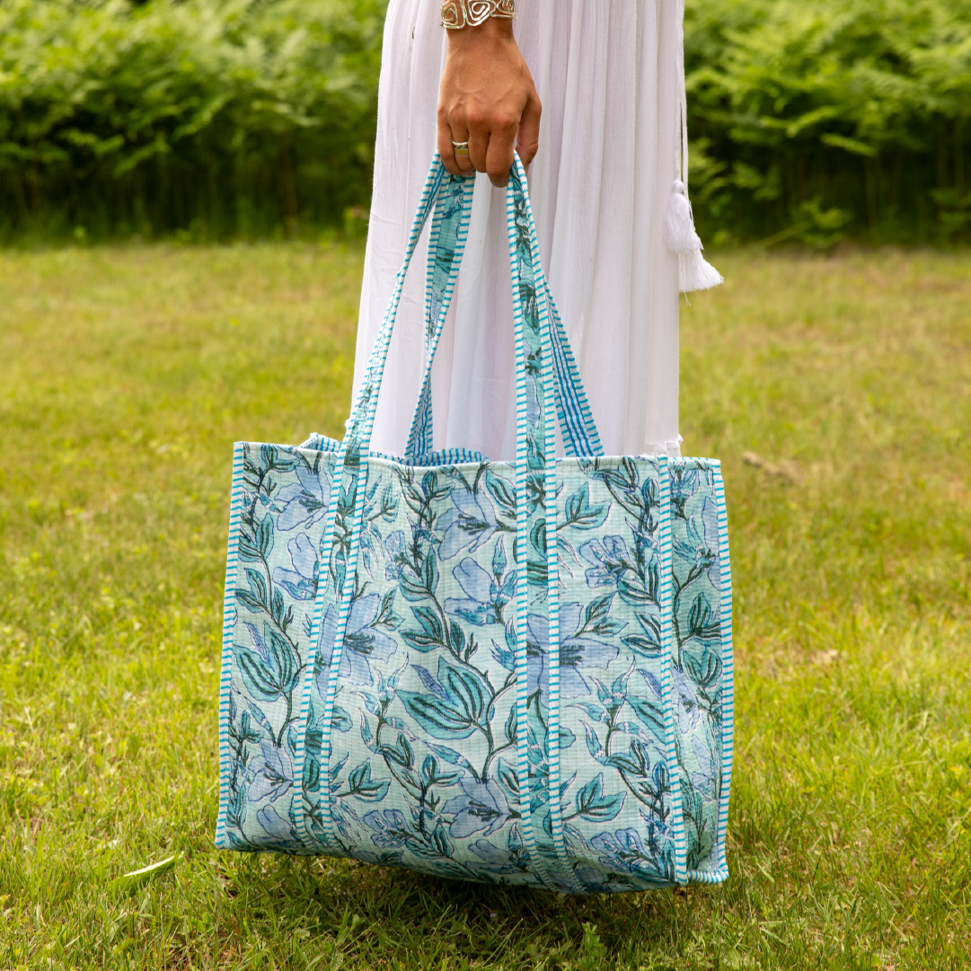 The Bristol Block Print Tote Bag in Light Blue