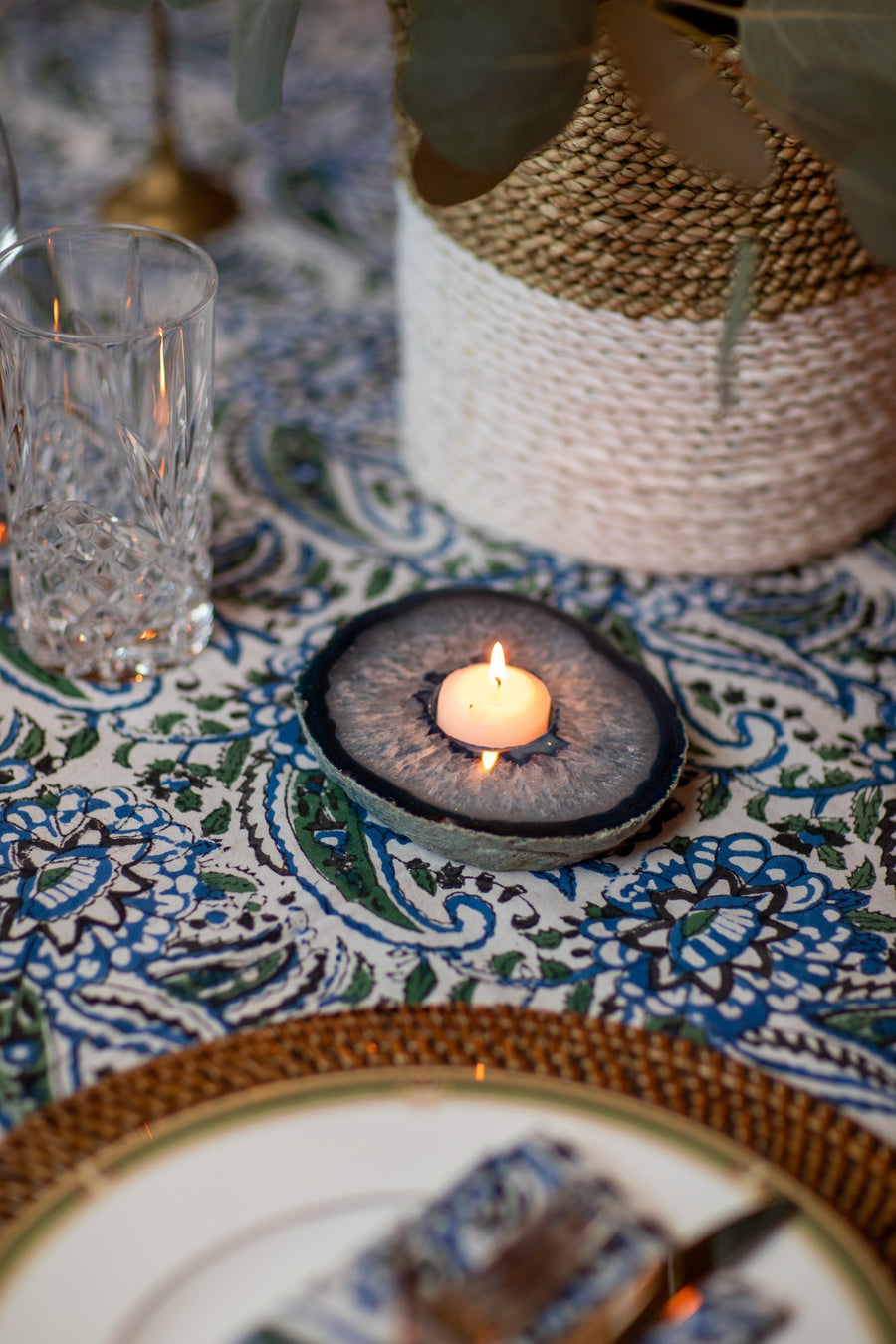 Polished agate tea light holder in blue