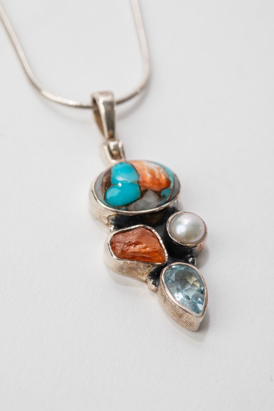 One of a Kind Orange Copper Turquoise, Rough Cut Citrine, Pearl, and Blue Topaz Pendant P137