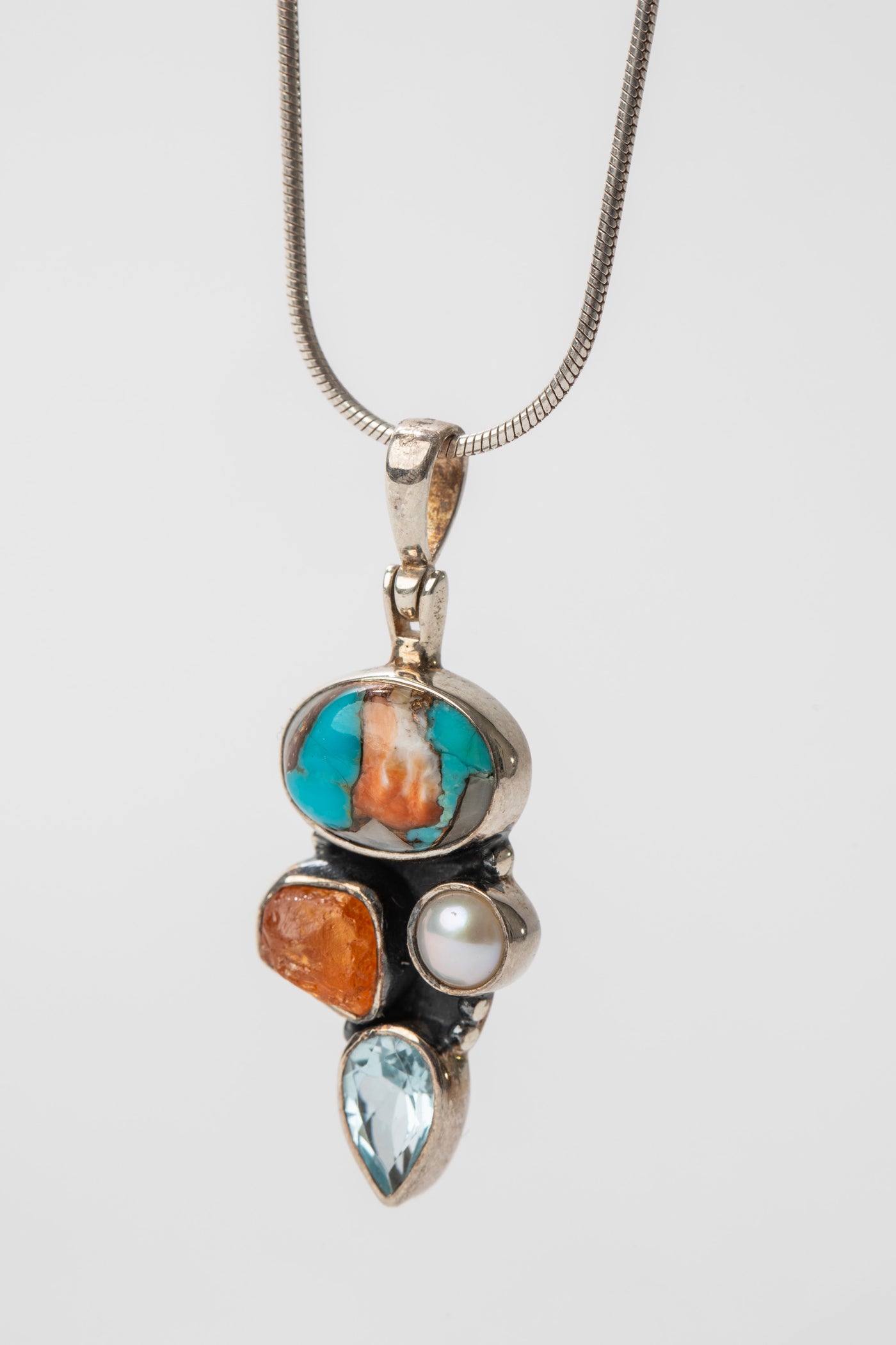 One of a Kind Orange Copper Turquoise, Rough Cut Citrine, Pearl, and Blue Topaz Pendant P137