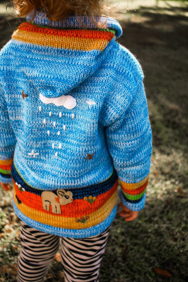 River is wearing a kids nature scene sweater in blue