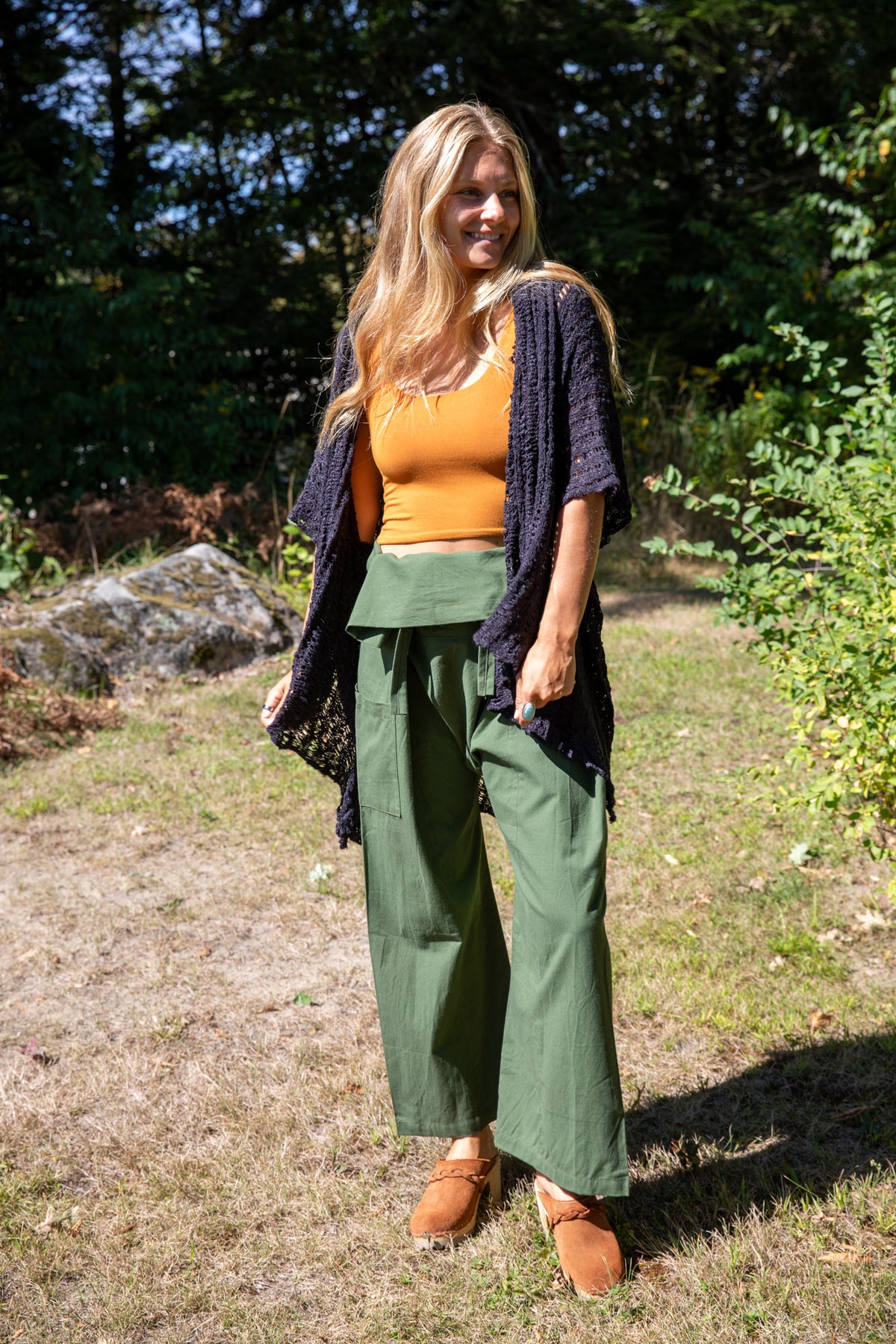 Sophie is wearing the Thai Fisherman Pocket Pants. 
