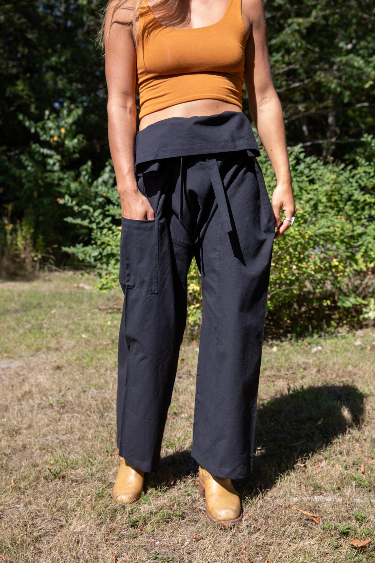 Sophie is wearing the Thai Fisherman Pocket Pants. 