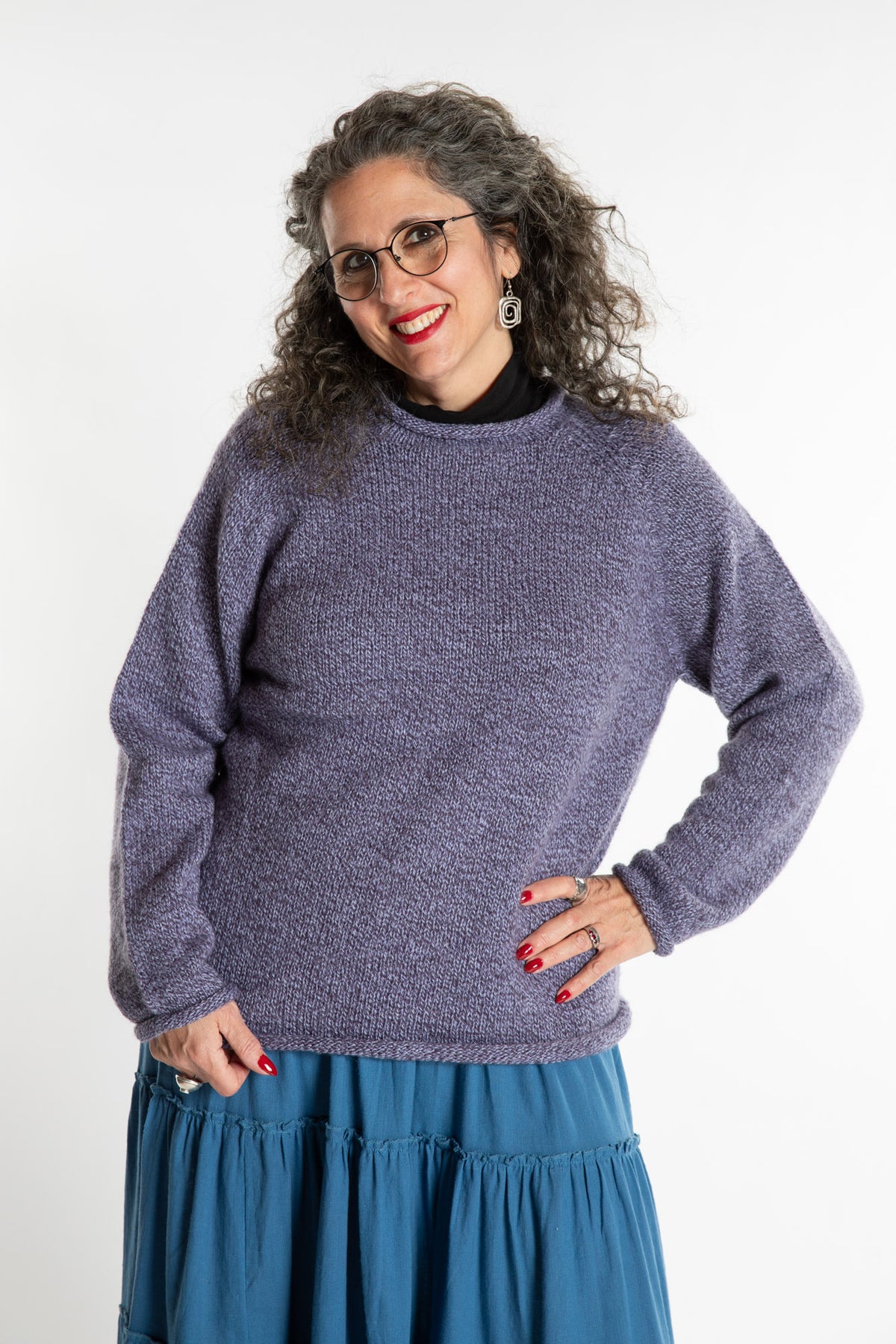 Susan is wearing a medium Classic Alpaca Wool Sweater in Lilac