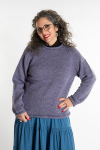 Susan is wearing a medium Classic Alpaca Wool Sweater in Lilac