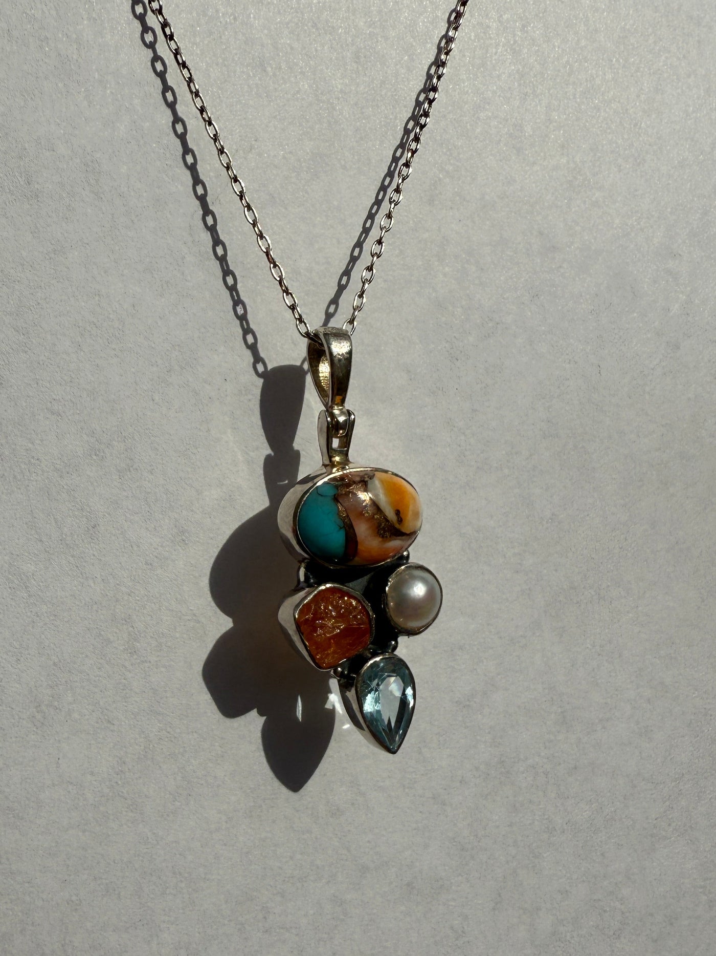 One of a Kind Orange Copper Turquoise, Rough Cut Citrine, Pearl, and Blue Topaz Pendant