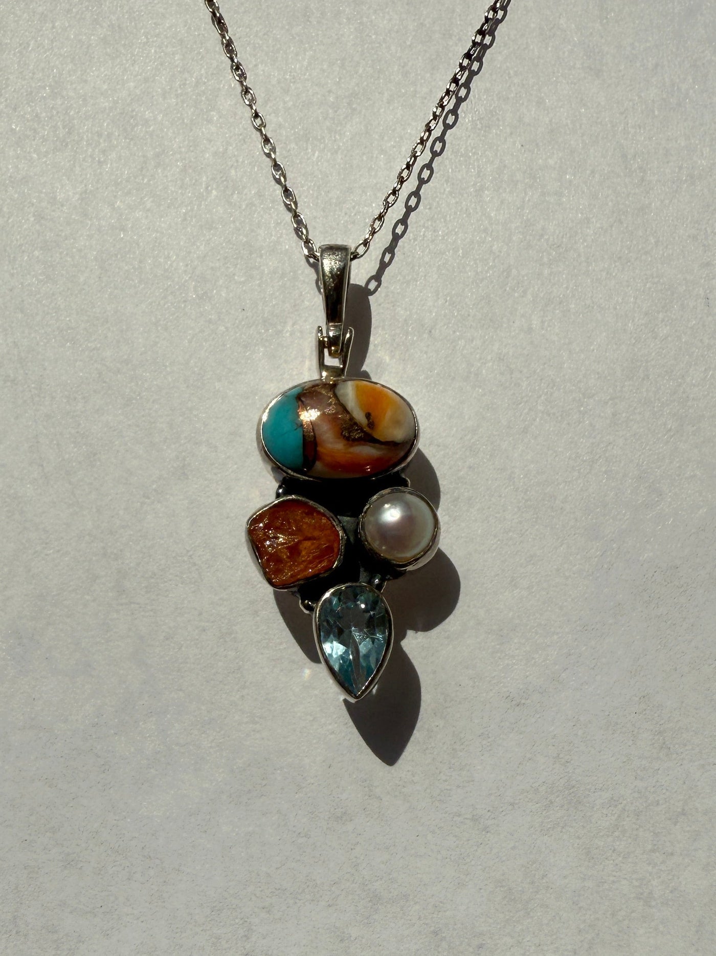 One of a Kind Orange Copper Turquoise, Rough Cut Citrine, Pearl, and Blue Topaz Pendant