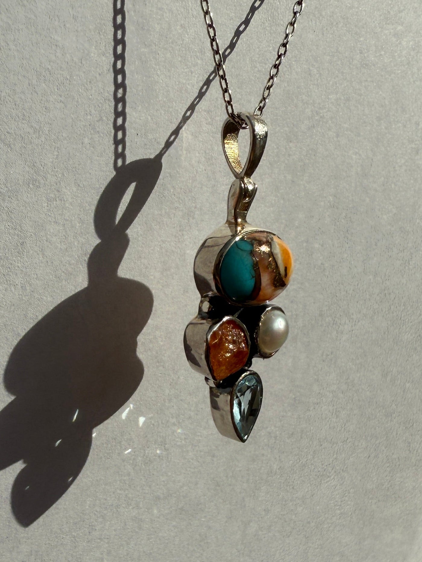 One of a Kind Orange Copper Turquoise, Rough Cut Citrine, Pearl, and Blue Topaz Pendant
