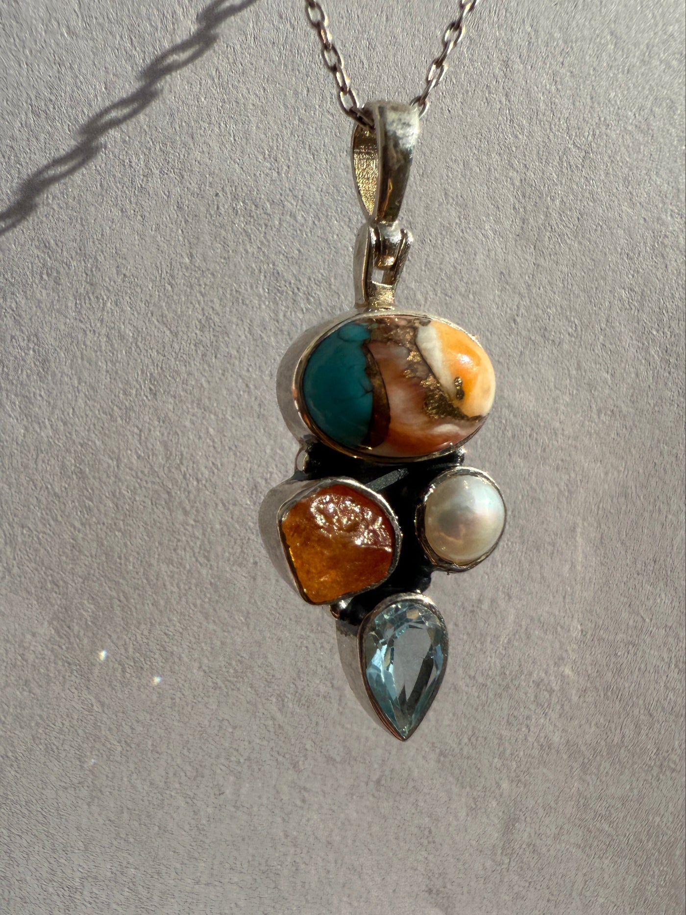 One of a Kind Orange Copper Turquoise, Rough Cut Citrine, Pearl, and Blue Topaz Pendant