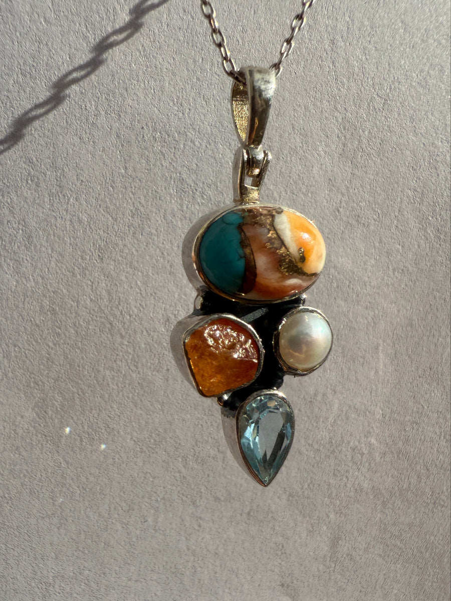One of a Kind Orange Copper Turquoise, Rough Cut Citrine, Pearl, and Blue Topaz Pendant