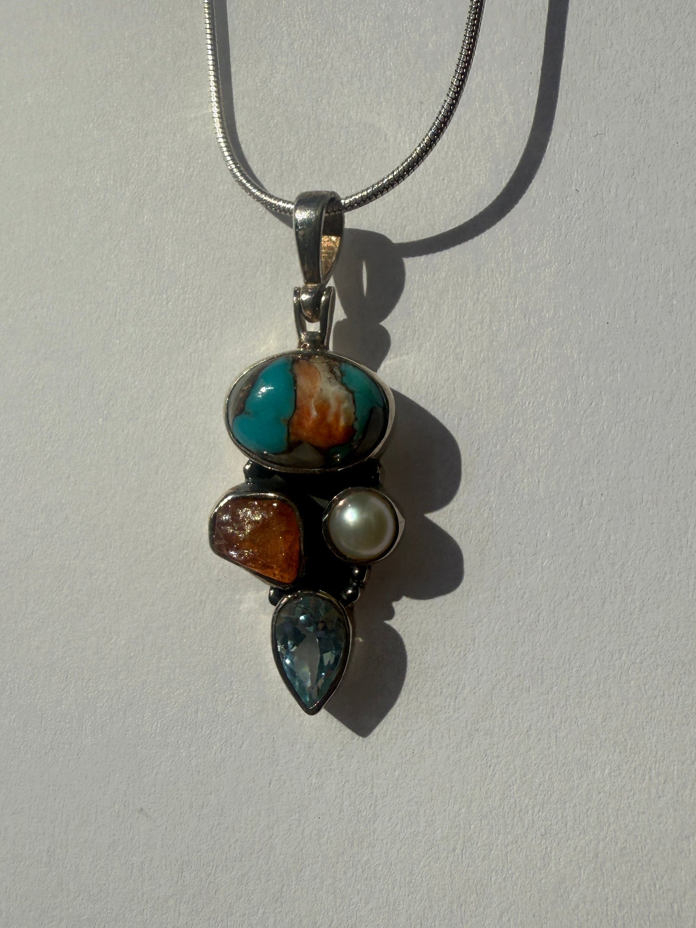 One of a Kind Orange Copper Turquoise, Rough Cut Citrine, Pearl, and Blue Topaz Pendant P137