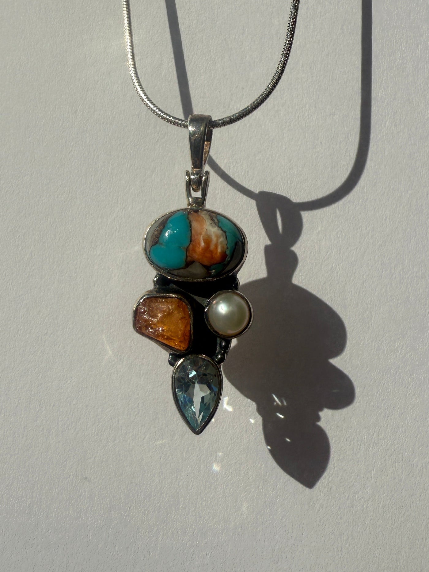One of a Kind Orange Copper Turquoise, Rough Cut Citrine, Pearl, and Blue Topaz Pendant P137