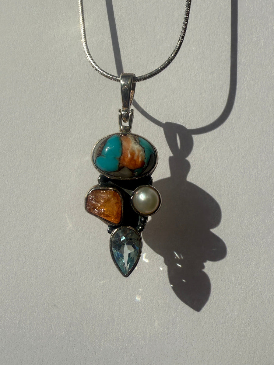 One of a Kind Orange Copper Turquoise, Rough Cut Citrine, Pearl, and Blue Topaz Pendant P137