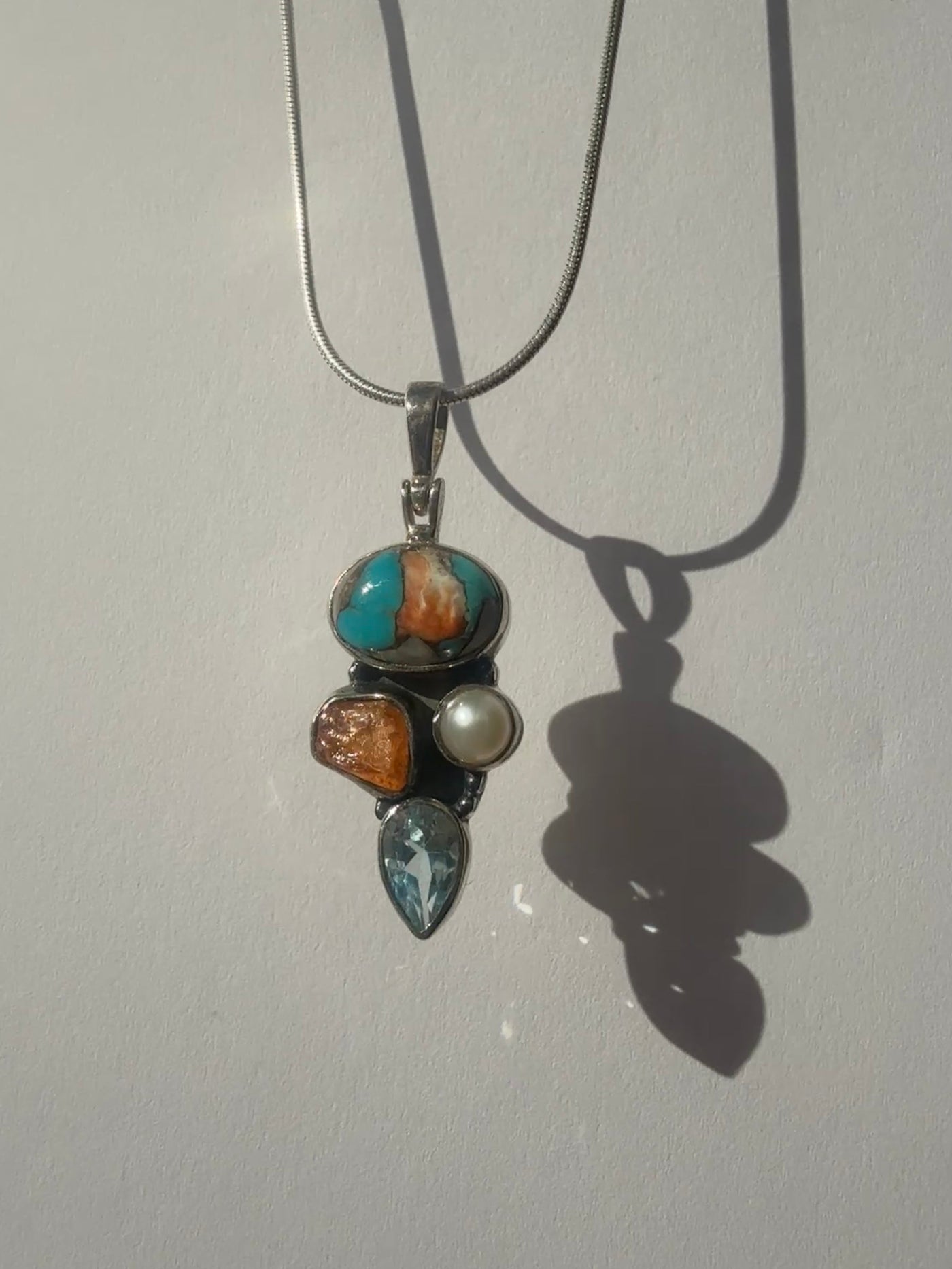 One of a Kind Orange Copper Turquoise, Rough Cut Citrine, Pearl, and Blue Topaz Pendant P137