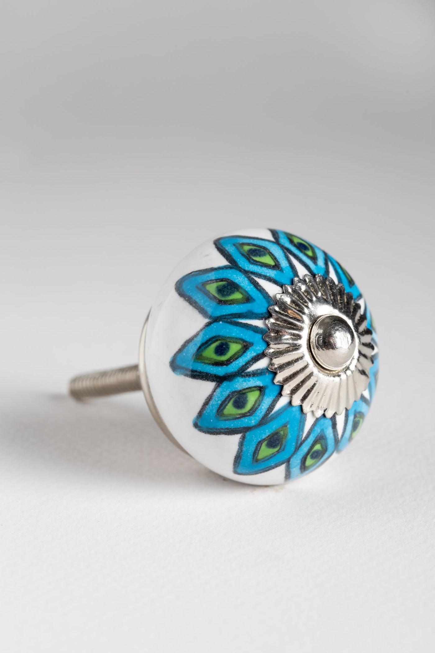 Floral hand painted ceramic knob in bluegreen