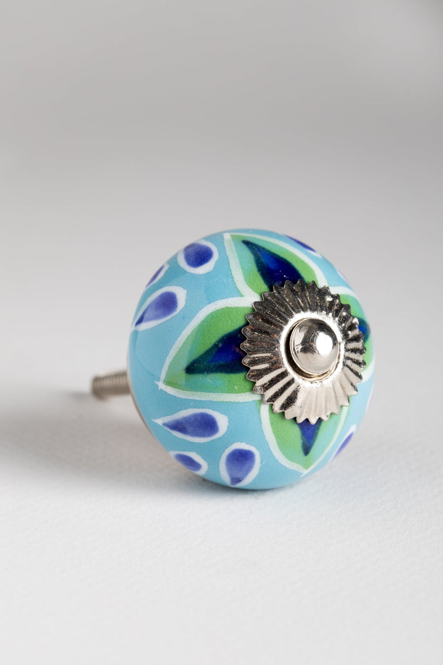 Floral hand painted ceramic knob in turquoise