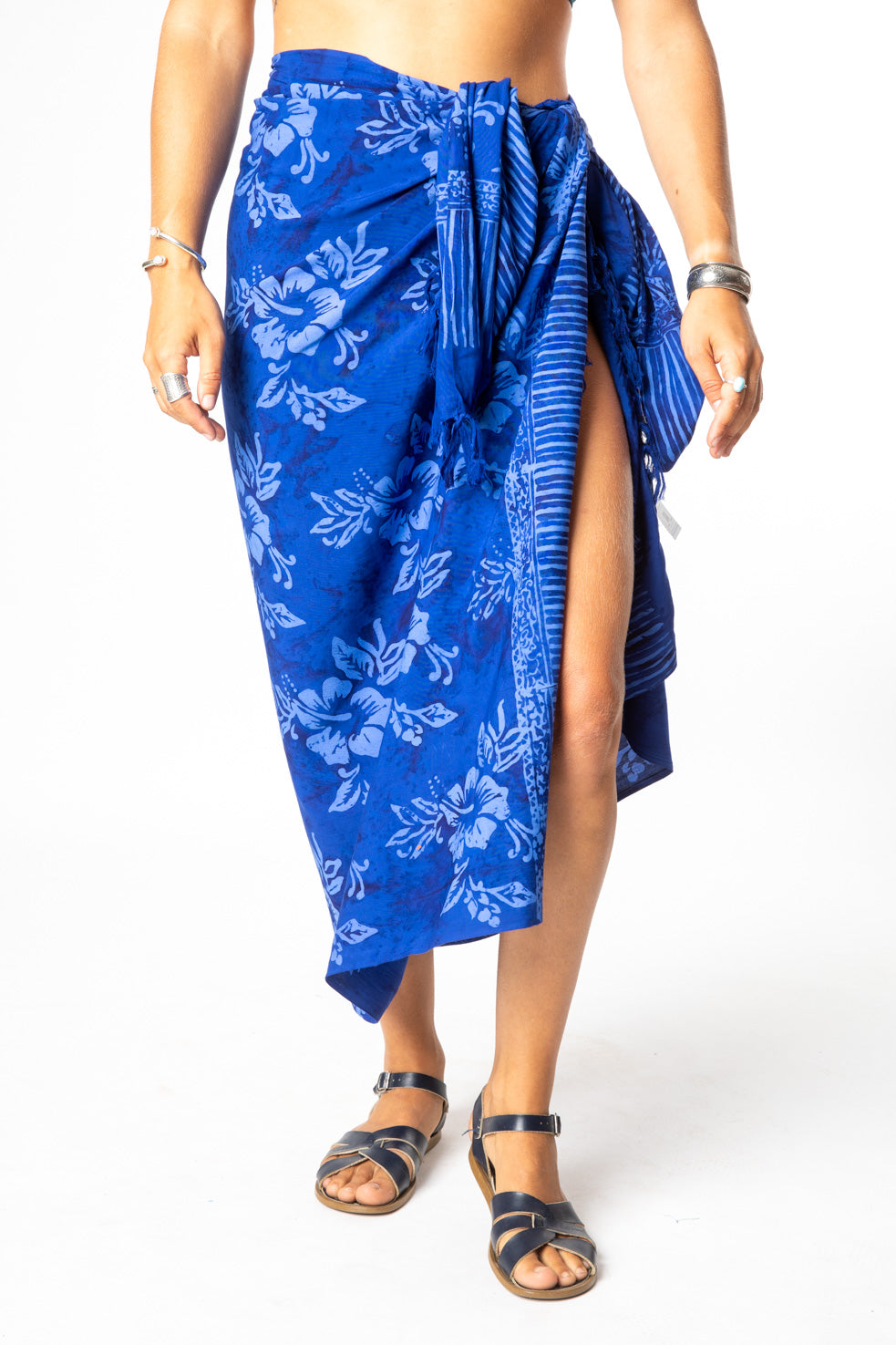 Sophie is wearing a batik sarong in blue hibiscus