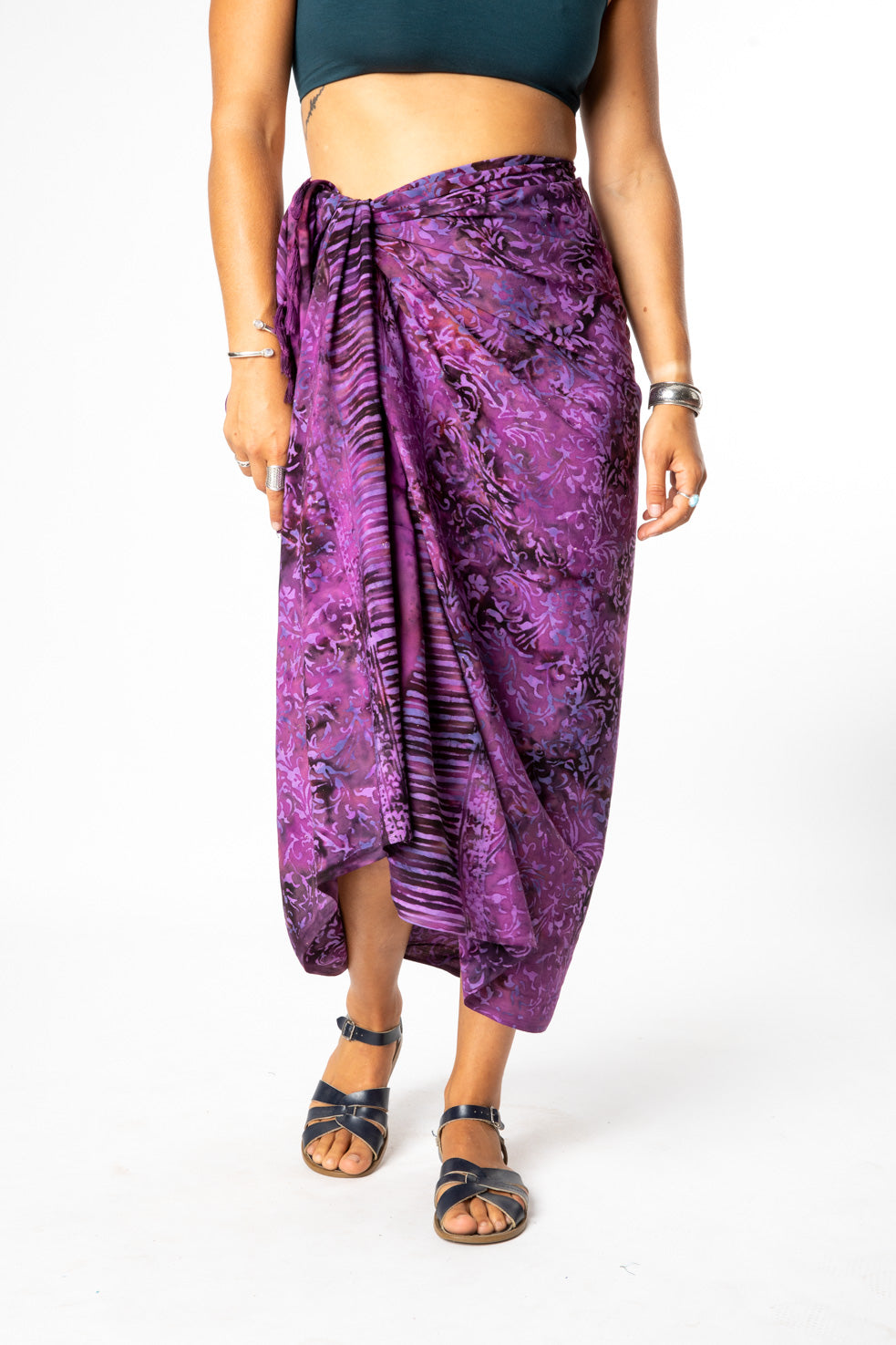 Sophie is wearing a batik sarong in purple haze