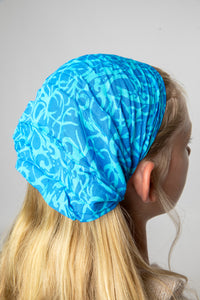 Talia wearing a Blue batik one of a kind headband