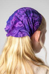 Talia wearing a Purple batik one of a kind headband