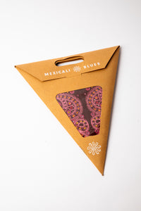 Alia Maroon embroidered paper star, folded up, in packaging