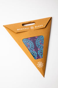 Alia Purple embroidered paper star, folded up, in packaging