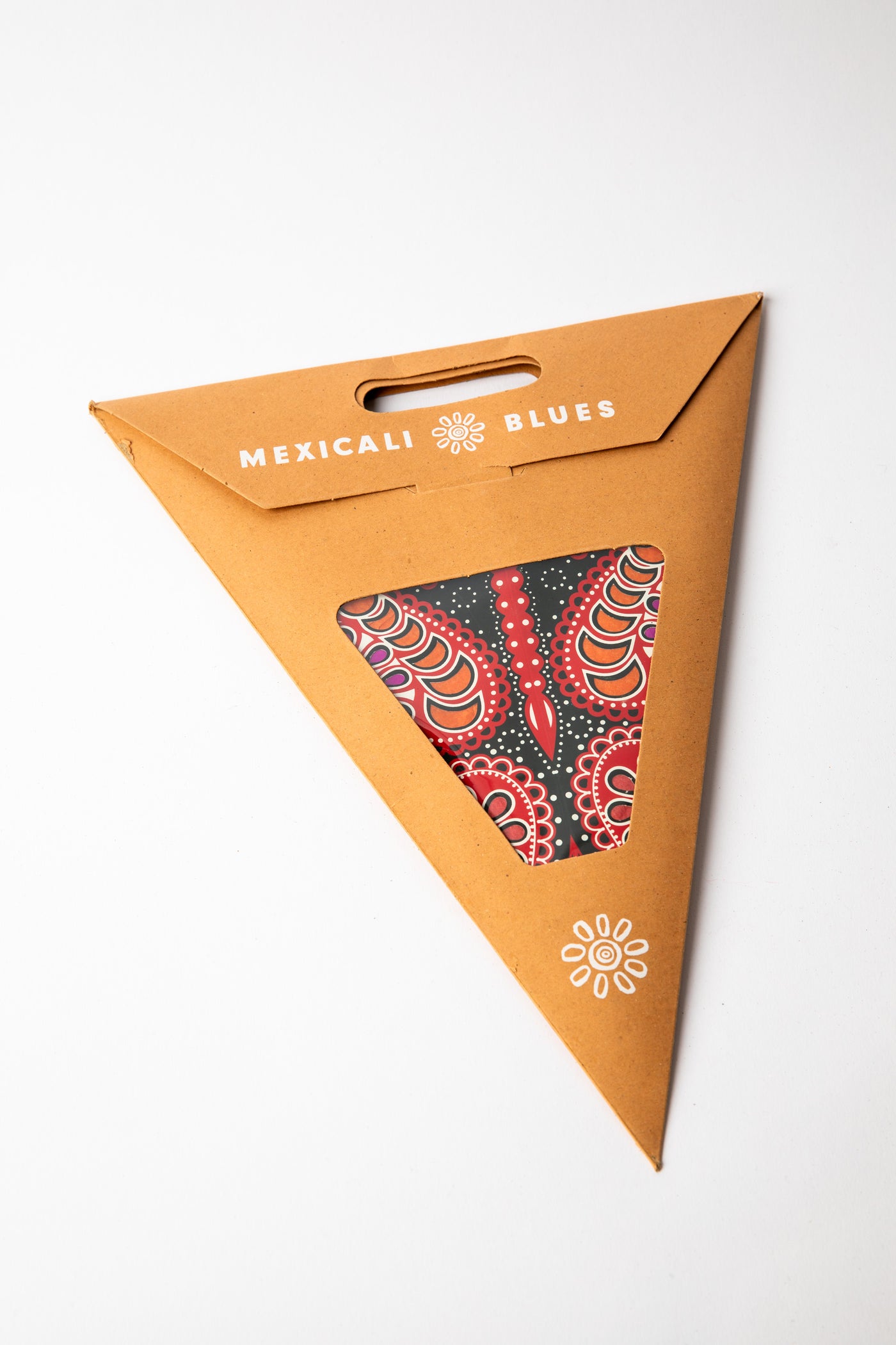 Ganesh Red Black embroidered paper star, folded up, in packaging