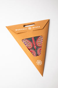 Ganesh Red Black embroidered paper star, folded up, in packaging