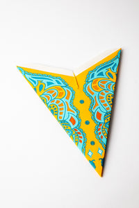 Ganesh Yellow embroidered paper star folded up, out of the package