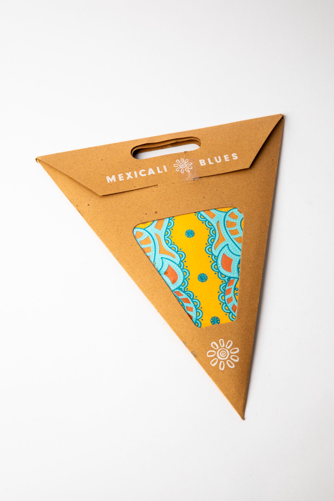 Ganesh Yellow embroidered paper star, folded up, in packaging