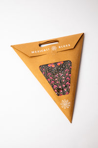 Peacock Garden Black embroidered paper star, folded up, in packaging