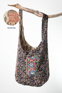 Reversible Block Print Bag in Black Feathers and Midnight Vines