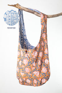 Reversible Block Print Bag in Blue Brambles and Mint Posies