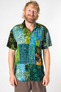Chauncey is wearing size L patchwork button up shirt in green