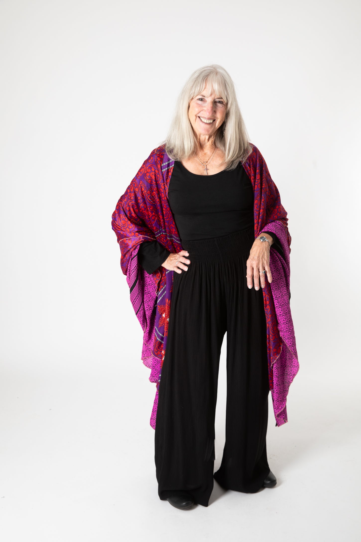 Toni is wearing sari silk wrap skirt in dark star
