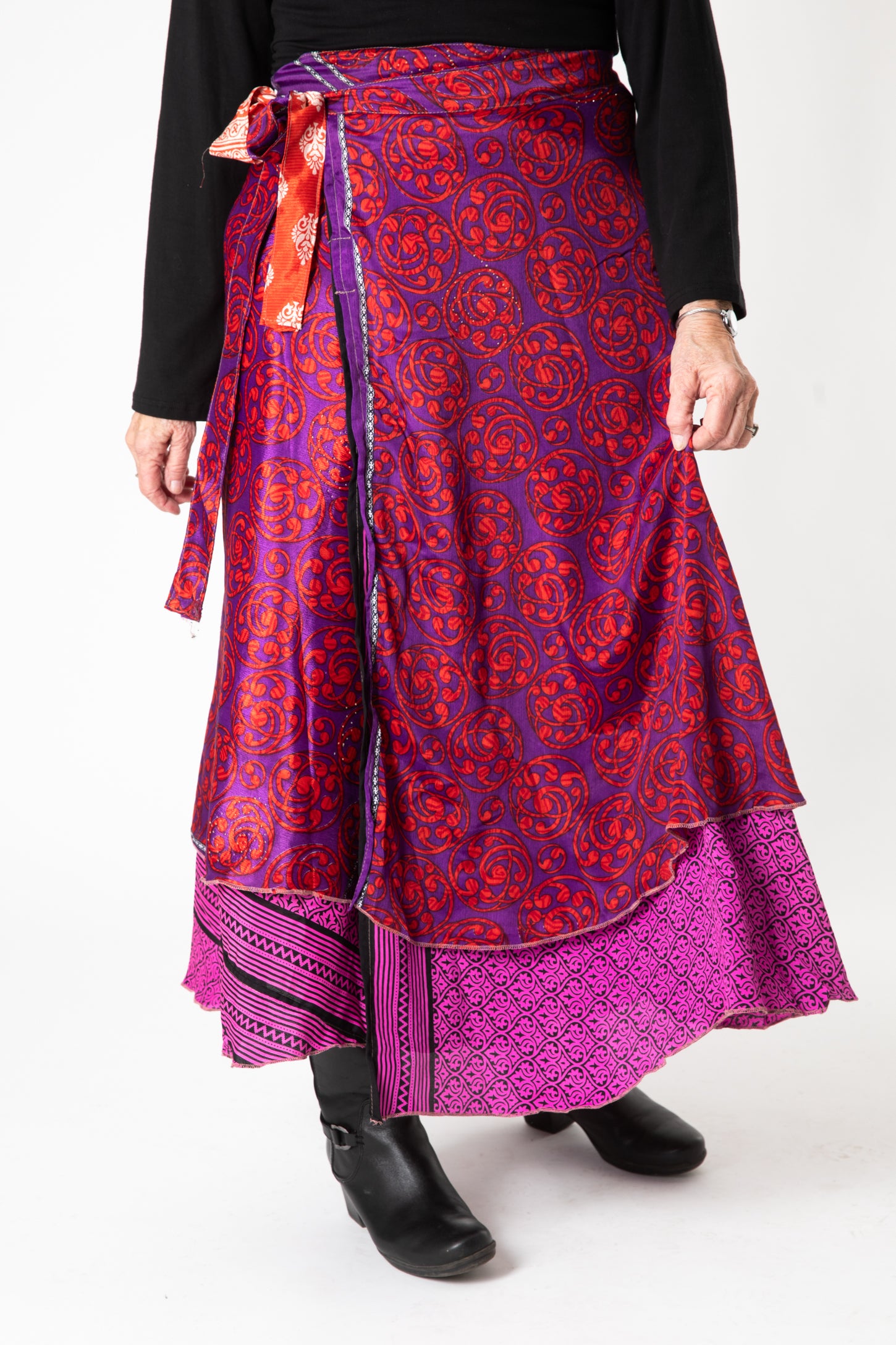 Toni is wearing sari silk wrap skirt in dark star