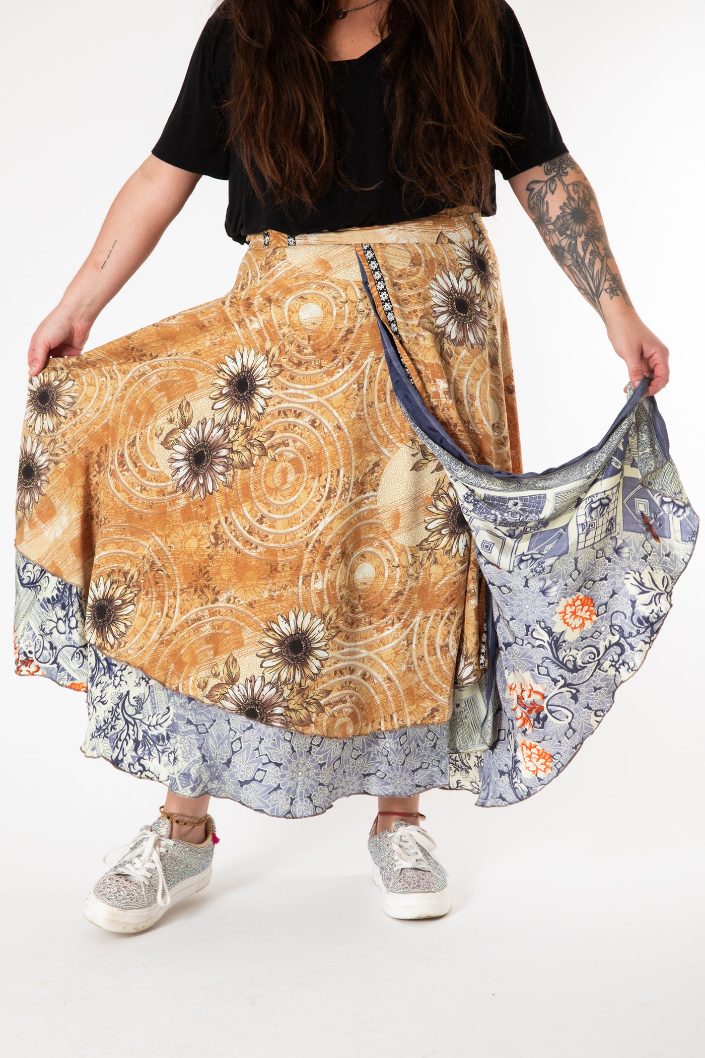 Desiree is wearing sari silk wrap skirt in jack straw