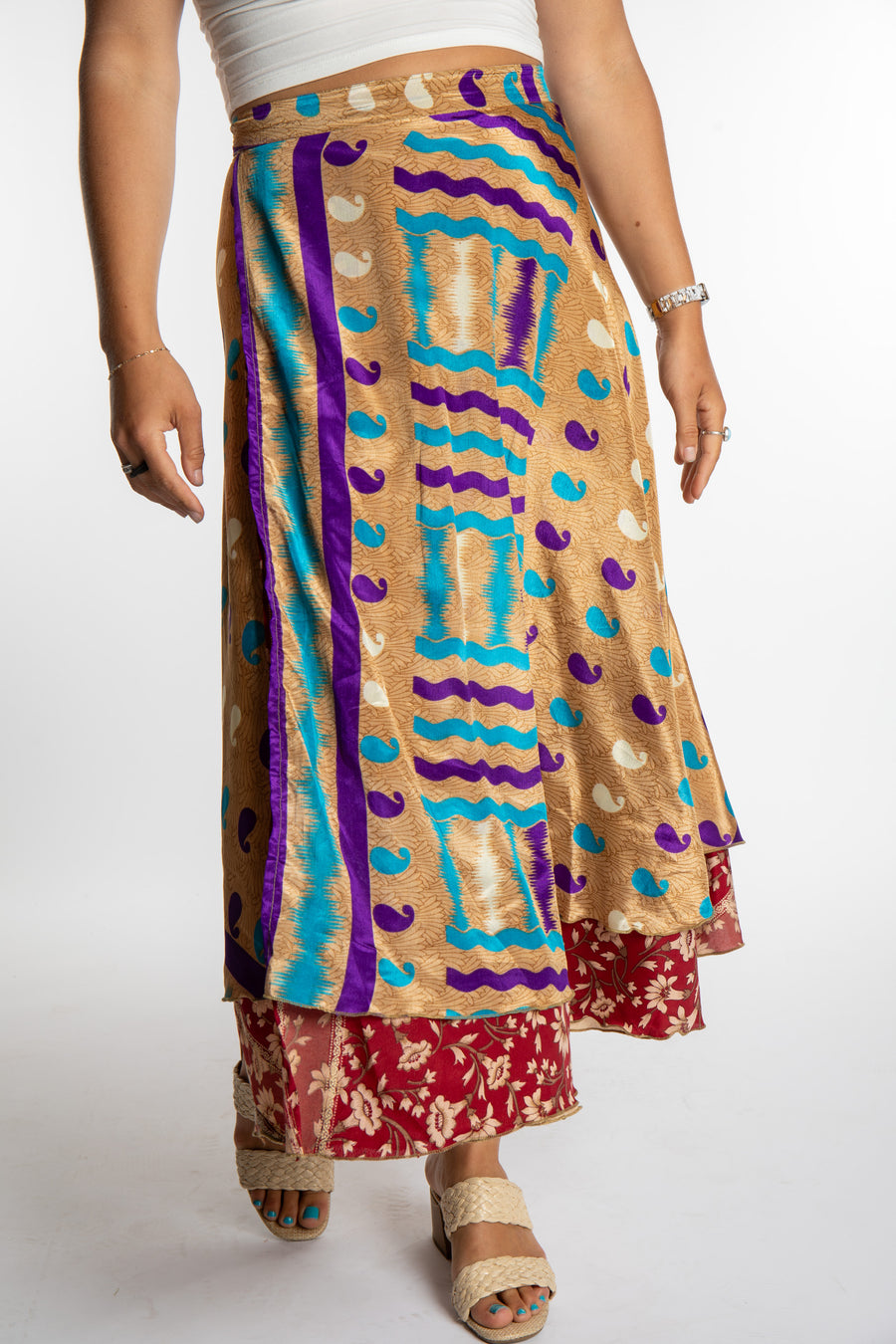 Sophie is wearing a long reversible silk wrap skirt in jack straw