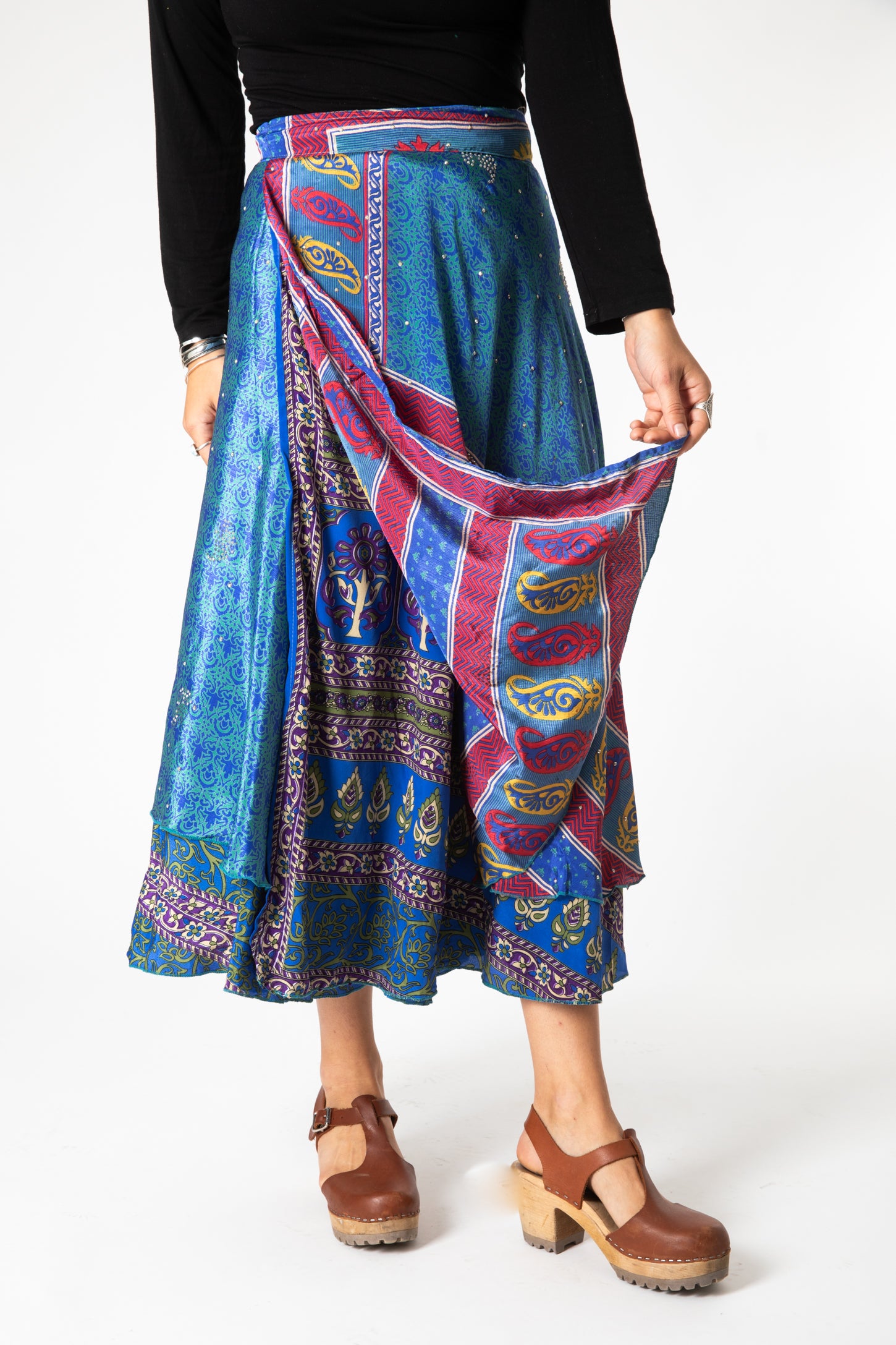 Sophie is wearing sari silk wrap skirt in morning dew