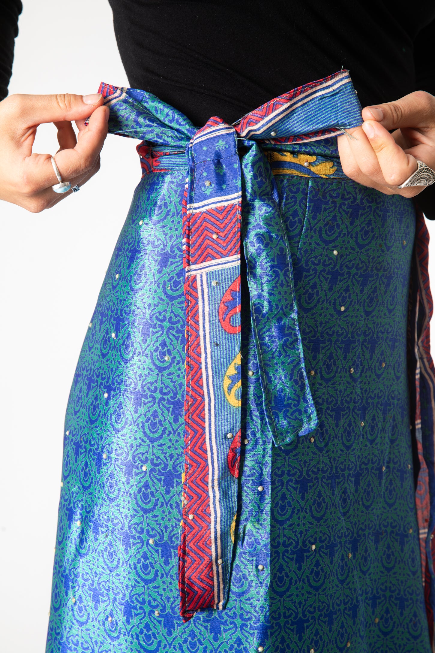 Sophie is wearing sari silk wrap skirt in morning dew