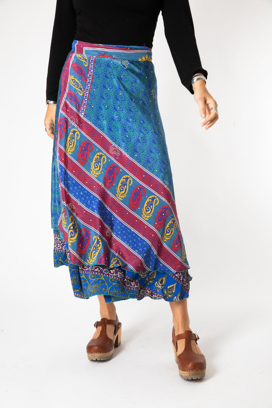 Sophie is wearing sari silk wrap skirt in morning dew