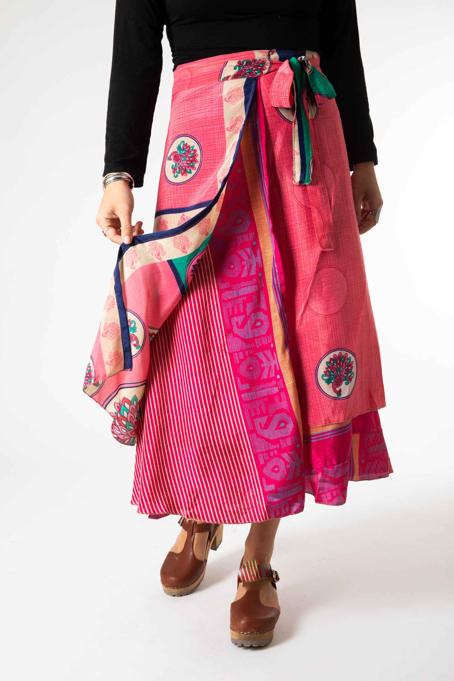 Sophie is wearing sari silk wrap skirt in sugar magnolia