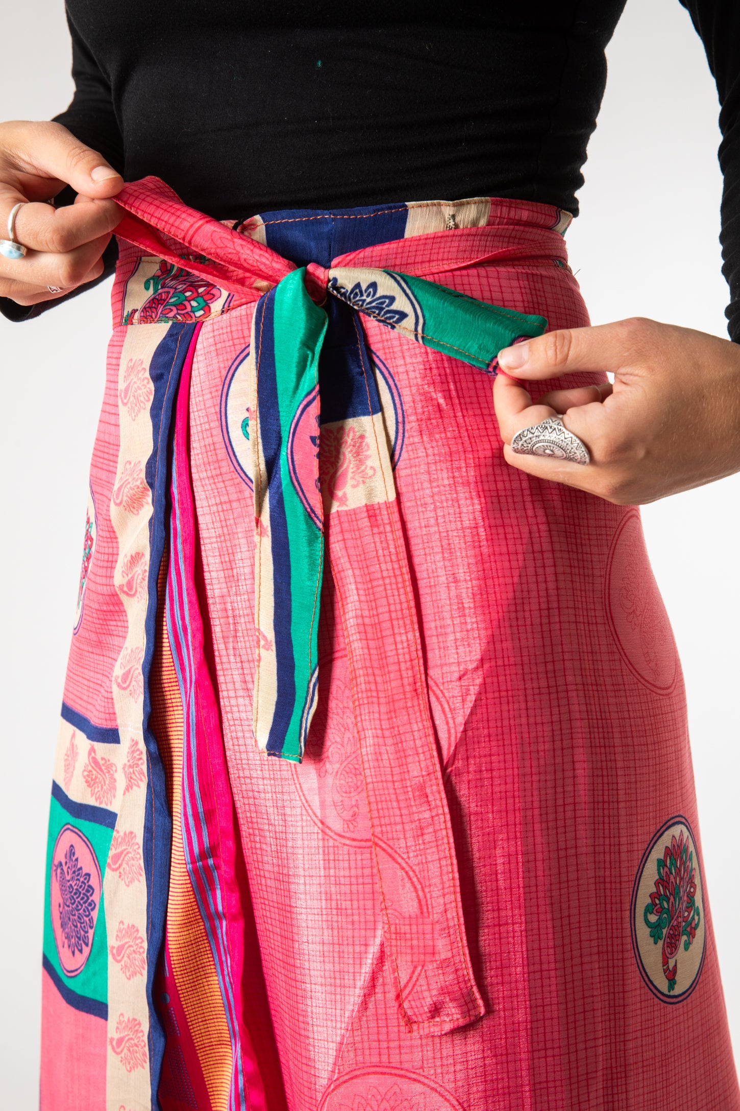 Sophie is wearing sari silk wrap skirt in sugar magnolia