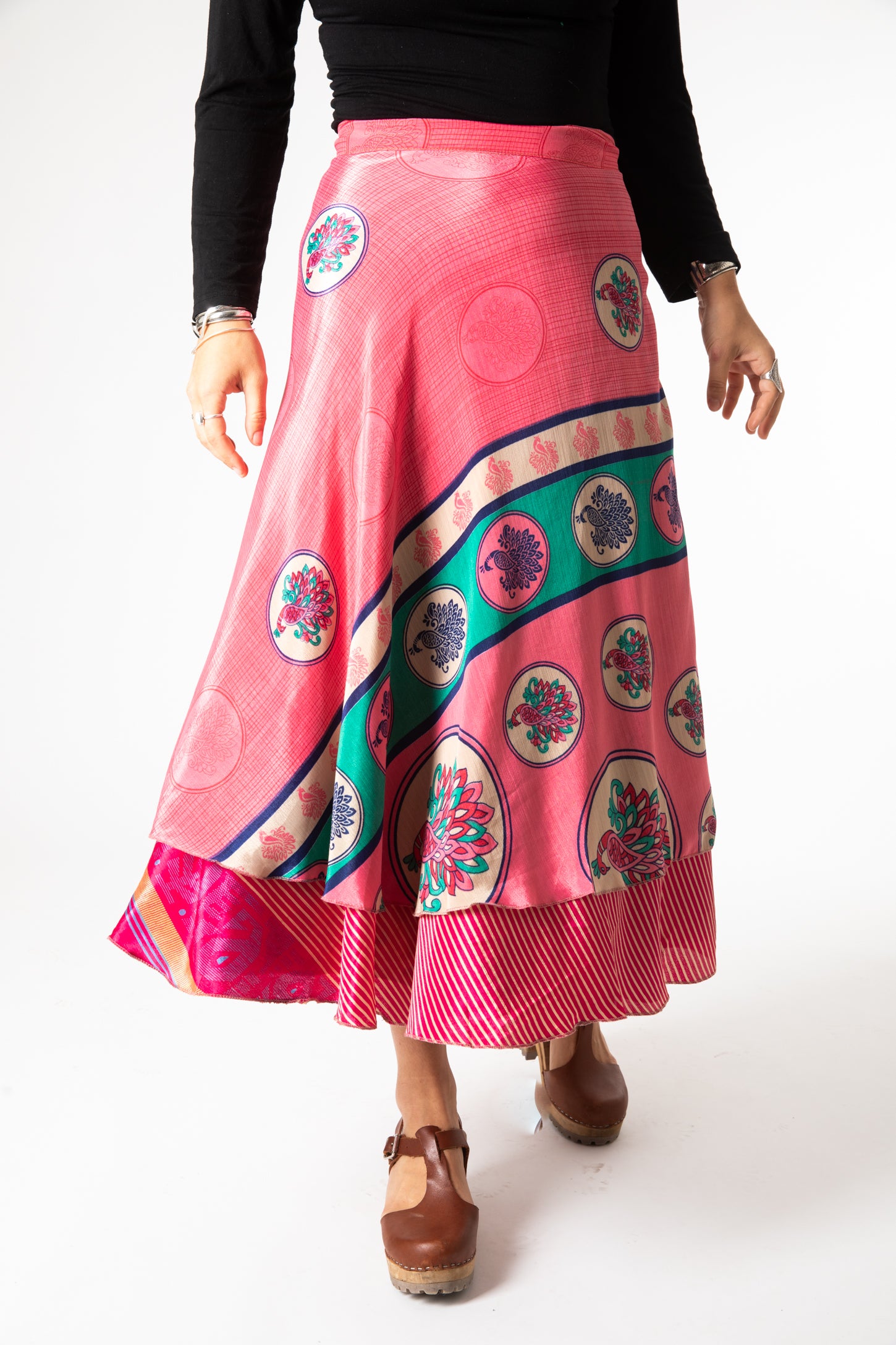 Sophie is wearing sari silk wrap skirt in sugar magnolia