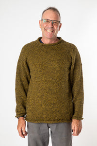 Ross is wearing size L roll neck alpaca sweater in bumblebee