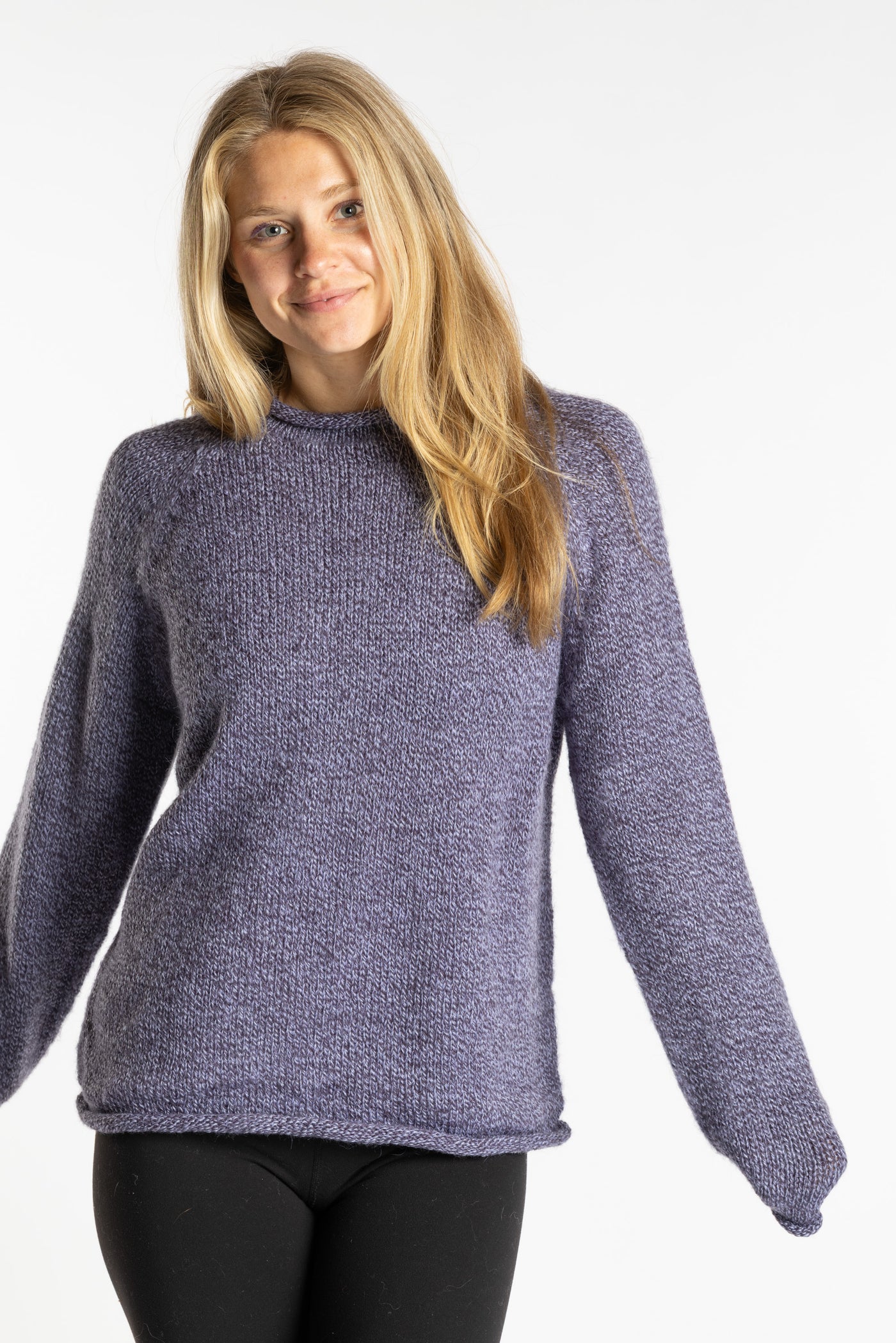 Sophie is wearing the Lilac purple Classic Unisex Alpaca Wool Sweater in size S