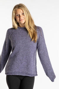 Sophie is wearing the Lilac purple Classic Unisex Alpaca Wool Sweater in size S